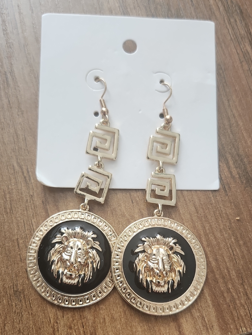 Gold Lion Medallion Dangle Earrings in Black and Gold